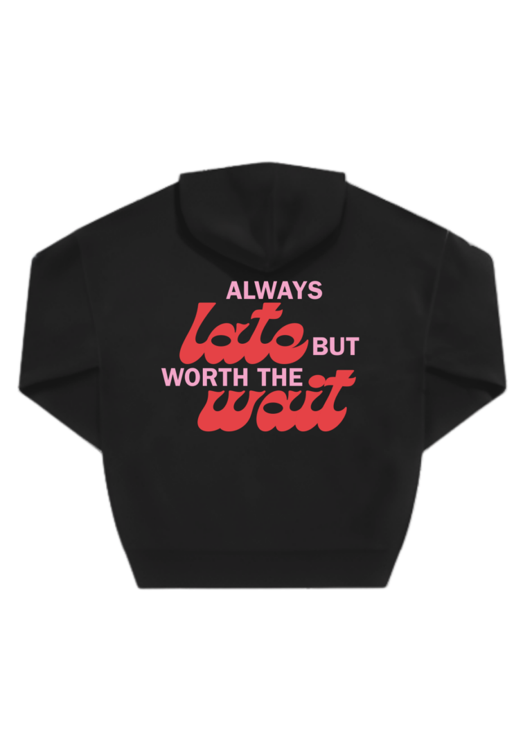 Oversizezip_AlwaysLateButWorthTheWait_Svart_RosaRöd